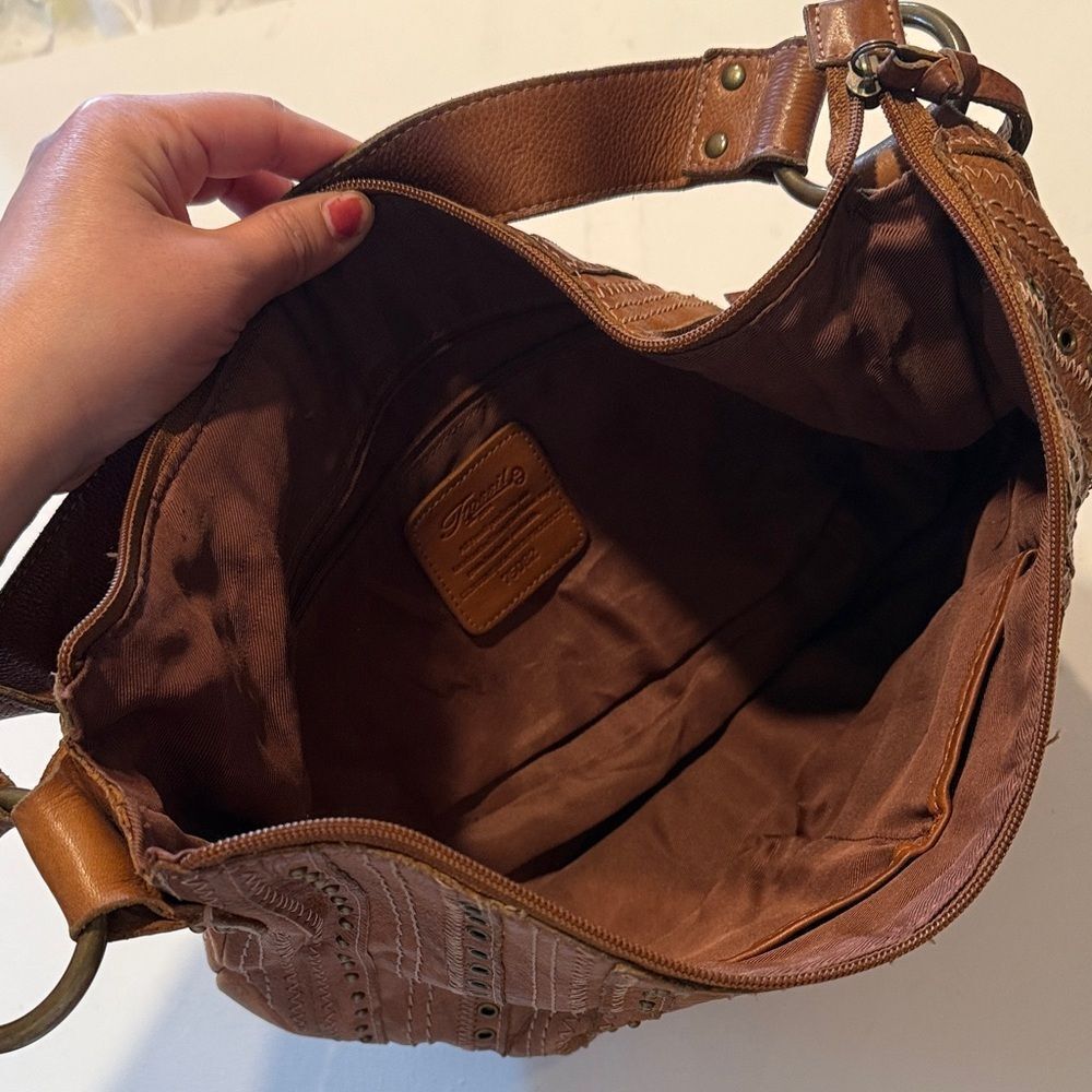 Fossil Tan Leather Hobo Bag with Eyelet Design - Picture 2 of 7
